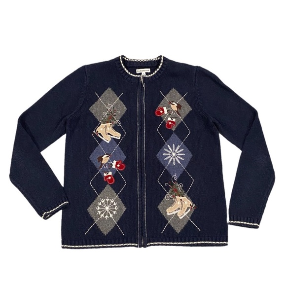 Croft & Barrow Full Zip Sweater Women’s S Embroidered Ice Skate Mittens Cardigan - Picture 1 of 16